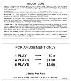 -TWILIGHT ZONE (Bally) Score card