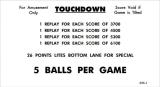 Score / Instruction Cards-TOUCHDOWN (Williams) Score cards (4)