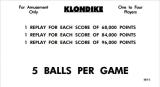 Score / Instruction Cards-KLONDIKE (Williams) Score cards (8)