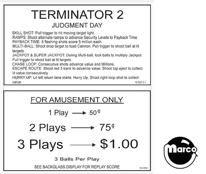 16500131 Williams TERMINATOR 2 instruction card