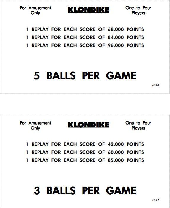 4031 8 piece score and instruction card set for Williams KLONDIKE